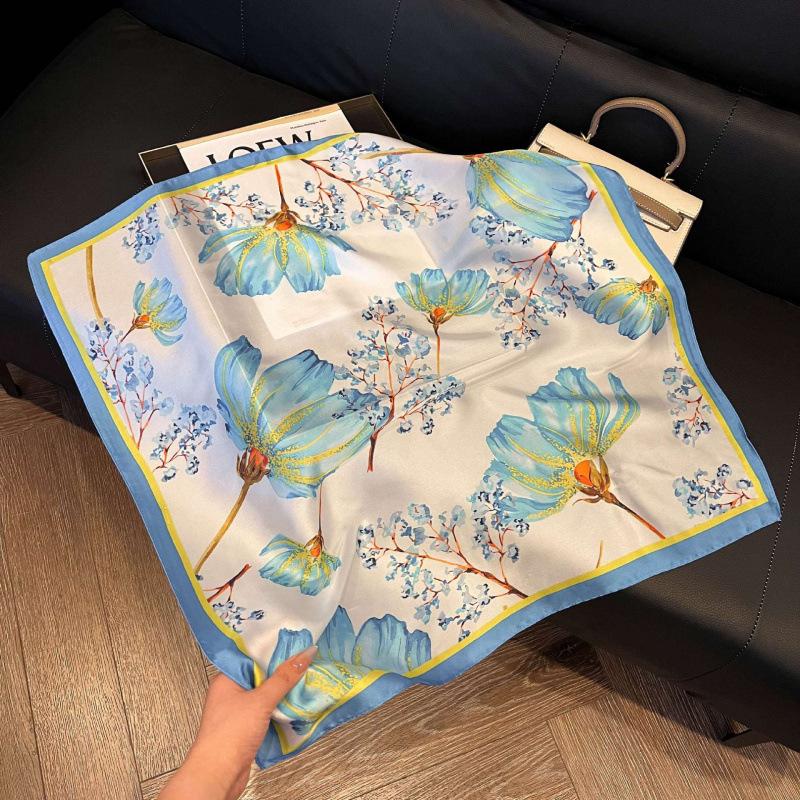 Fashion Black and White Printing Temperament Square Scarf Imitation Silk Korean Version Decorative Scarf Scarf Professional Decorative Shawl Silk Scar