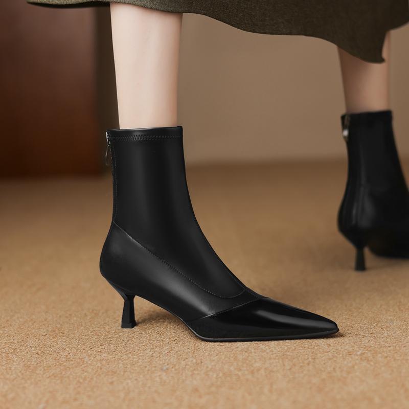 Fashion Women's new autumn and winter leather sheepskin pointed high-heeled oversized sexy runway calf zipper elastic short boots