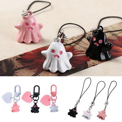 3pcs Kawaii Cartoon Halloween Ghost Keychain Heart Bag Hanging Halloween Pendant Ornaments Cute Funny Phone Lanyard Key Decor