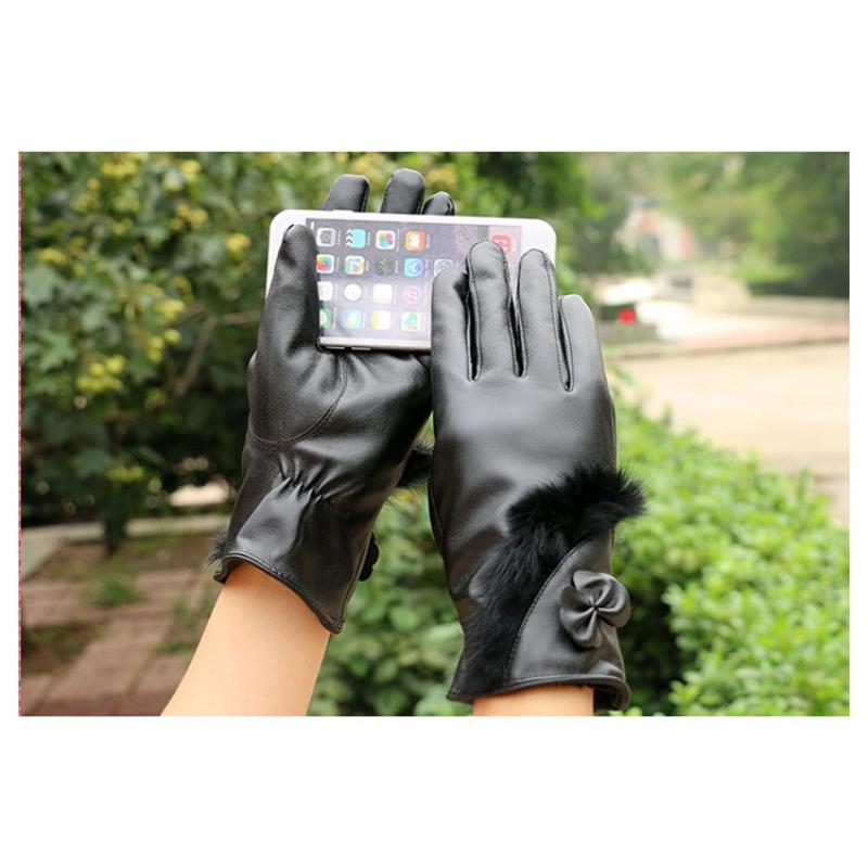 Autumn and Winter Warm Gloves Women's Bow Imitation Leather Touch Screen Gloves Fleece Cold-proof Rabbit Fur Mouth Leather Gloves