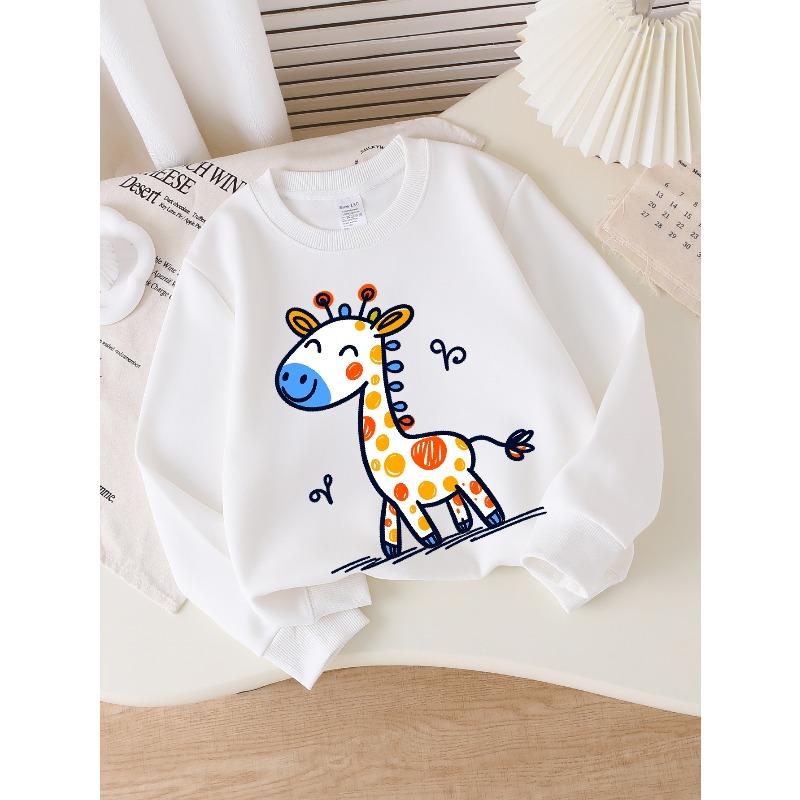 Kids Crewneck Sweatshirt, Colorful Smiling Spotted Giraffe Graphic Print, Spring Autumn Casual Sport Tops