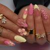 24Pcs Yellow & Pink Flower Decor French Manicure Medium Almond Shaped Artificial Nail Tips, For Ladies Daily Wear Press On Nails Nail Supplies