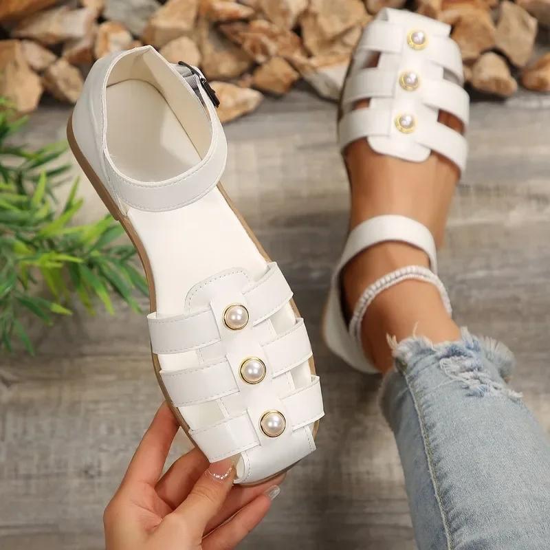 

мода женская обувь 2024 мода закрытый носок женские сандалии летние римские повседневные сандалии женские жемчужные пряжки ремешок закрытый каблук туфли женские 40