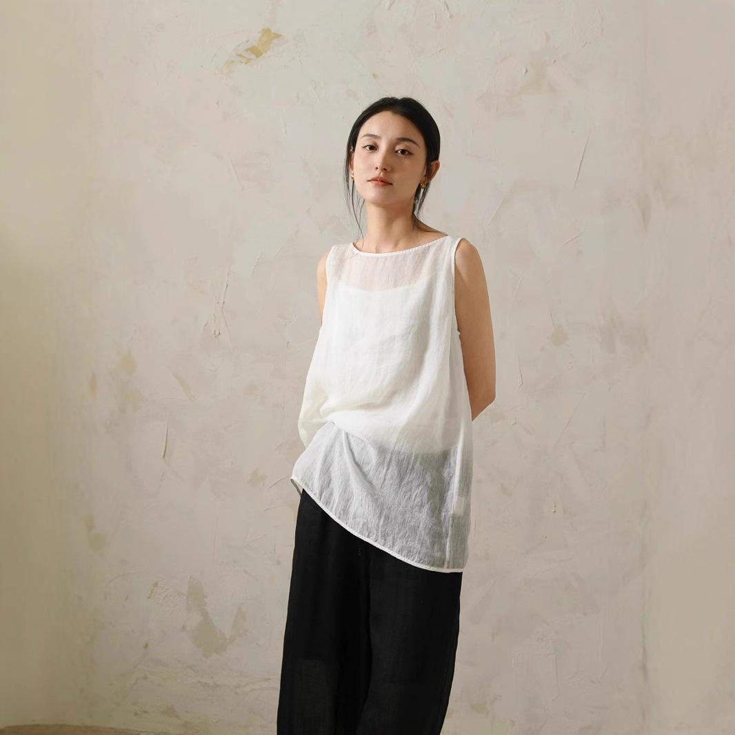 

2025 Summer Artistic Sleeveless Ramie Camisole for Women Large