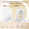 Travel Makeup Mirror with Light Tripple Folding Vanity Mirror with Lights 3 Colors Lighted Makeup Mirror 1500mAh Rechargeable M