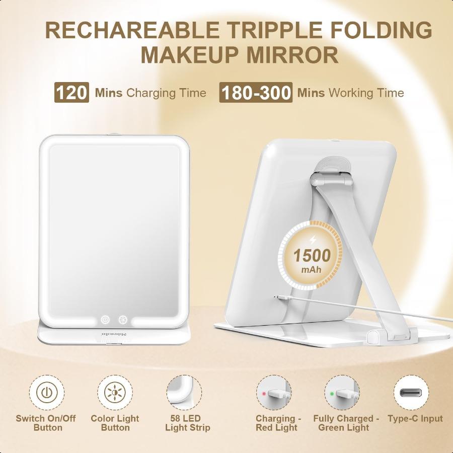 Travel Makeup Mirror with Light Tripple Folding Vanity Mirror with Lights 3 Colors Lighted Makeup Mirror 1500mAh Rechargeable M