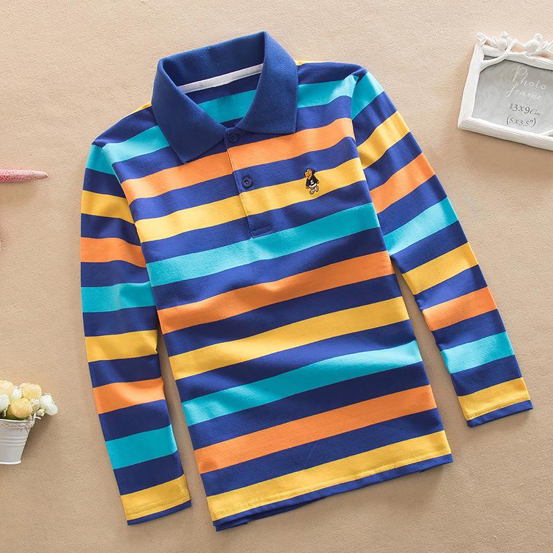 Boys' Korean Style Striped Long-Sleeve Polo Shirt with Turn-Down Collar (Sizes 100-170 cm) - Autumn & Spring Wear