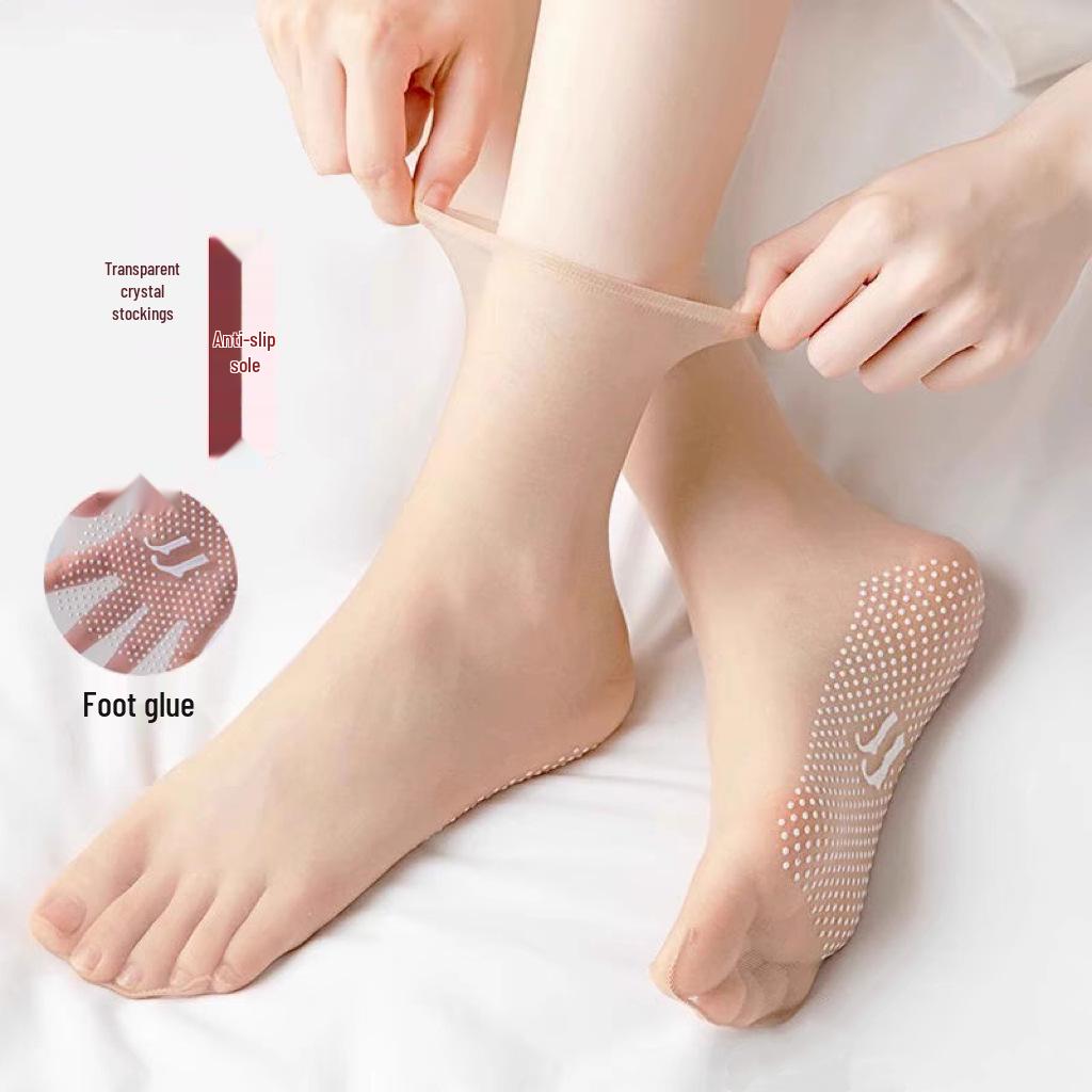 Women's Ultra-Thin Anti-Snag Crystal Stockings with Non-Slip Dots - Breathable, Lightweight, Flesh Color, Mid-Calf