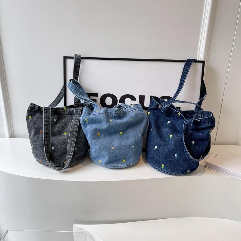 Hot Selling Embroidery Versatile Leisure Denim Fashionable Women's Shoulder Bag  New Trend Large Capacity Bucket Bags