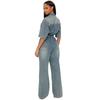 Women Denim Jumpsuit Lapel Collar Button Front Drawstring Waist Wide Leg Pockets Casual Loose Fit Romper