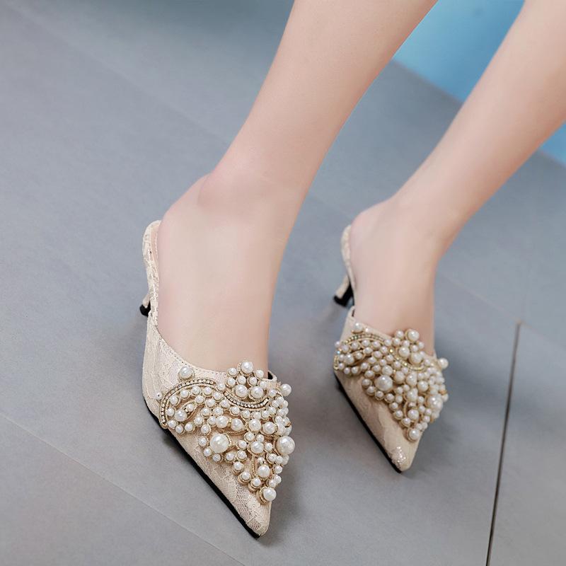 Baotou Fairy Rhinestone Pearl Sandals Summer New Pointed Thin Heel High Heel Sandals Large Size 35-42