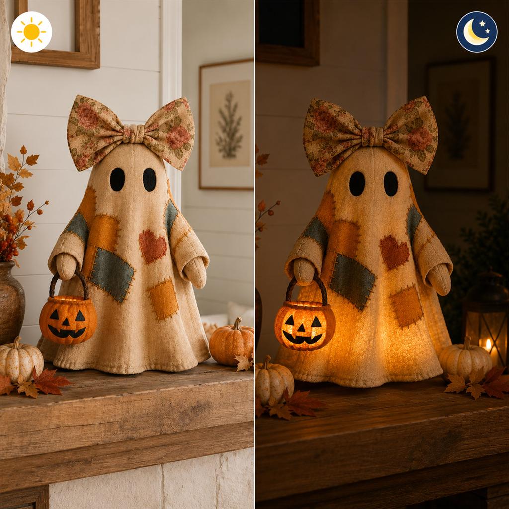 Figurina Fantasma Patchwork con Luce Calda a Batteria 35cm Decorazione di Halloween Materiale Tessuto Texture Morbida