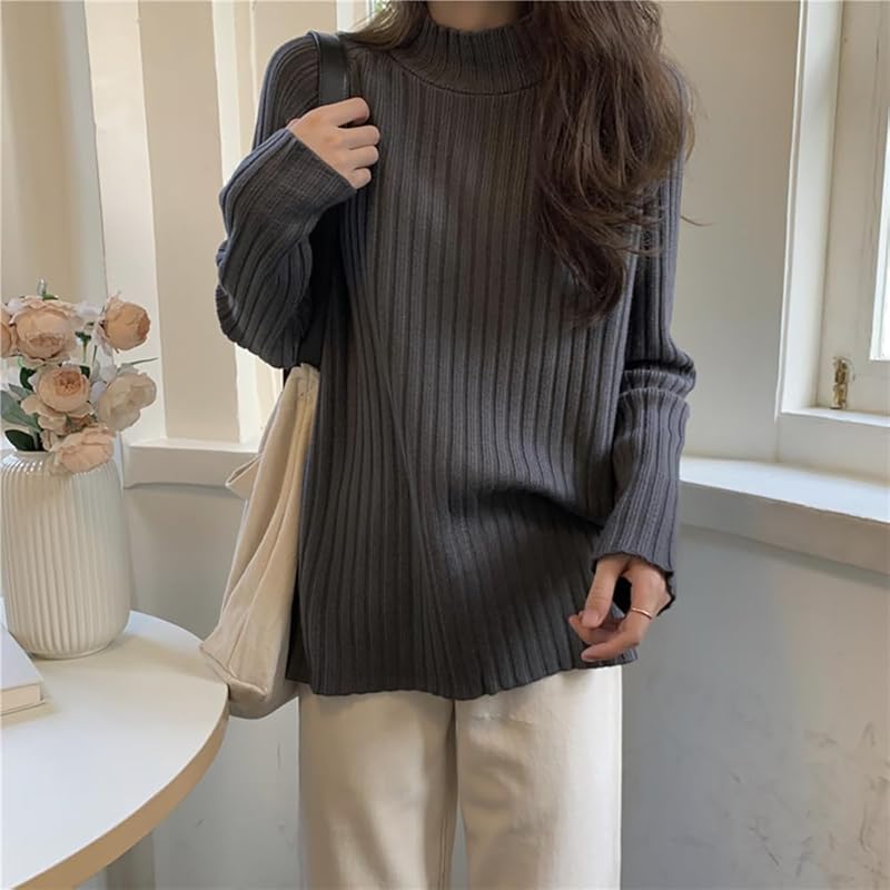 [Village H&T] ladies sweater knit tops casual simple half turtleneck Relaxing rib knit Going out Beautiful autumn/winter long sleeve 137 (dark gray)
