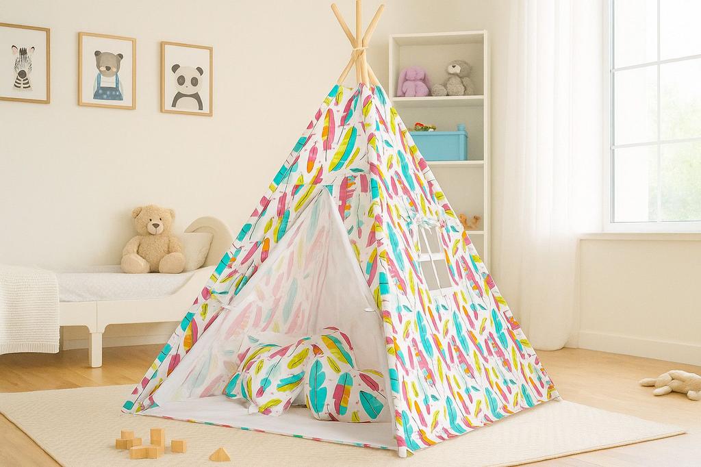 Namiot Tipi Dla Dzieci + Mata + Poduszki + Zawieszki Pióra - Kolorowe Piórka