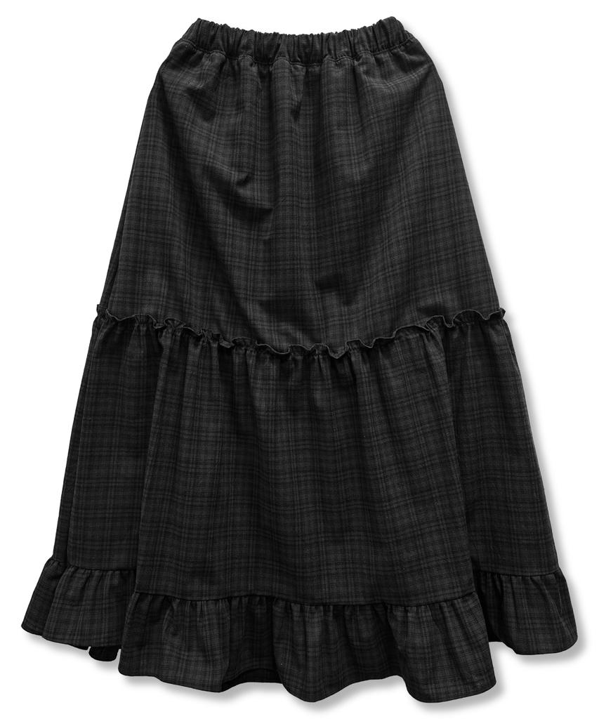 Damiswi Vintage Check Frill Long Skirt_Black