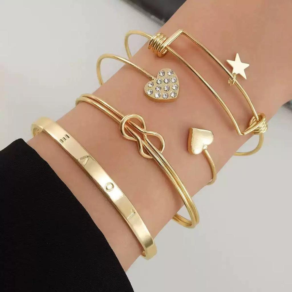 Exquisite Bracelet European and American Double Heart Metal Bracelet Set Women's High-grade Retro Geometric Six-piece Metal Bracelet