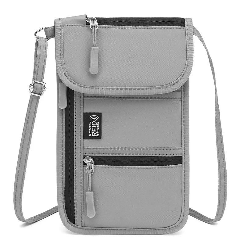 

Portable Crossbody Bag Travel Passport Document Bag Multi-Function Ticket Card Storage Bag Oxford Cloth Neck Hanging Phone Bag сірий колір