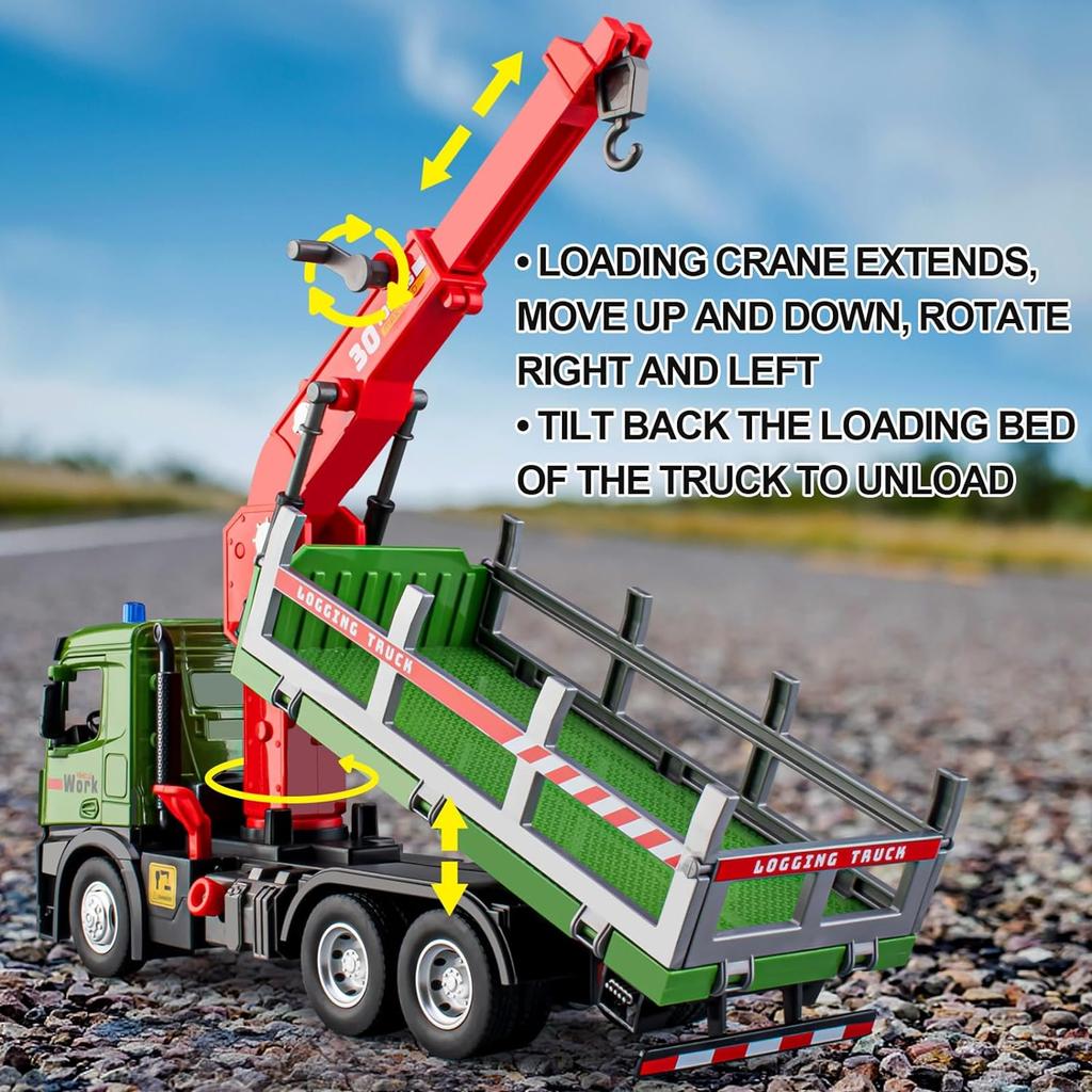 1/24 Scale Wooden Toy Truck Metal Cab, Friction Driven Wooden Truck, Equipped with A Full Function Loading Crane and 3 Loadable Logs, Light and Sound,