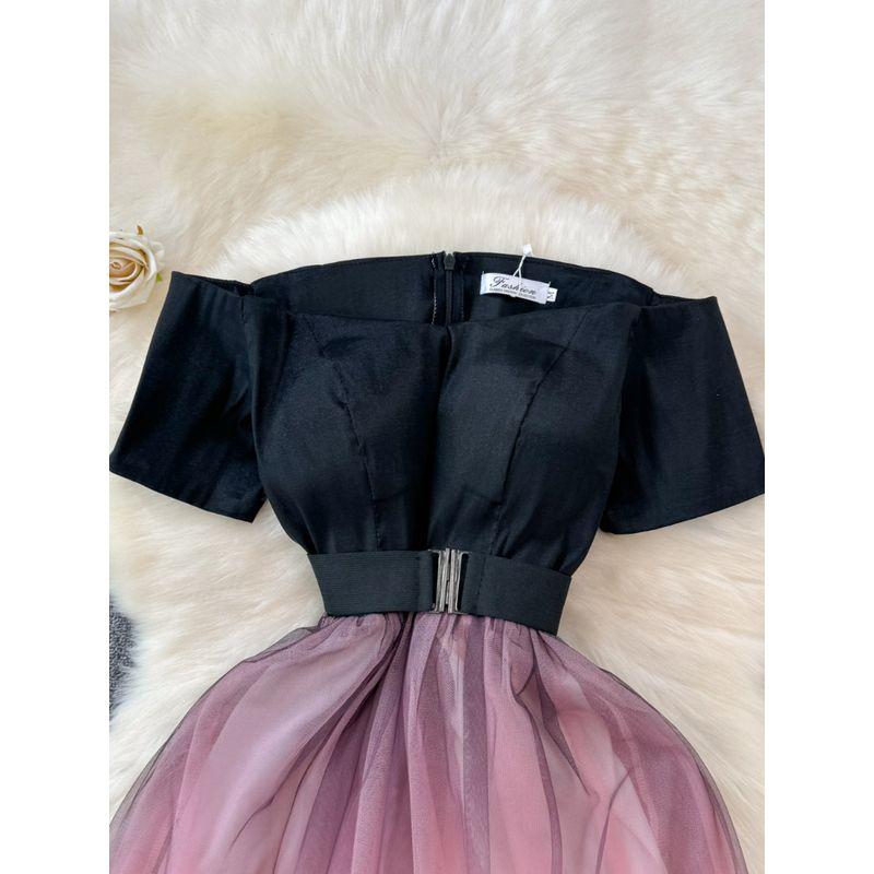 Fancy Special-Interest Design Contrast Color off-Shoulder Dress Summer Women's Clothing Small Mesh Cinched Princess Dress