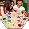 A High Quality Wooden Double Sided Board Game, Flying Chess Track Chessboard Party Game, for 4-6 Players, with 6 Colors 24 Marbles + 6 Dice