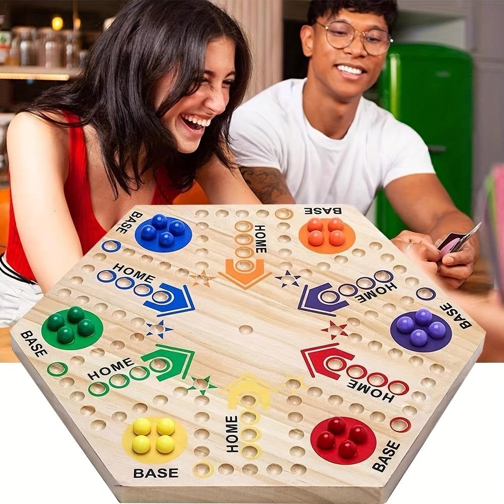 A High Quality Wooden Double Sided Board Game, Flying Chess Track Chessboard Party Game, for 4-6 Players, with 6 Colors 24 Marbles + 6 Dice