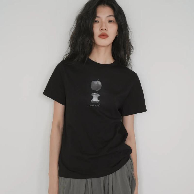 Black Loose Commuting T-shirt for Women Summer New Round Neck Short-sleeved Printed Versatile Casual Top
