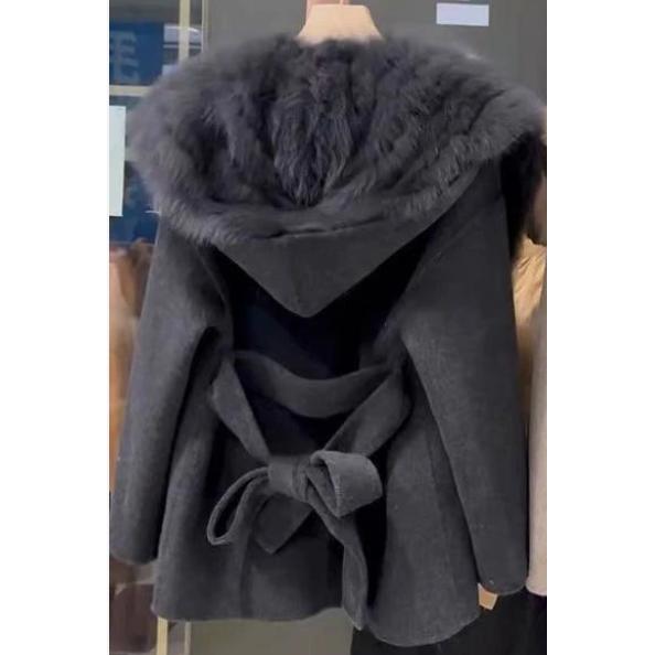 

Пальто из искусственного меха в корейском стиле, ленивый уличный стиль, синее, со шляпой, из бархатного материала, однотонное, обычного кроя S чёрный