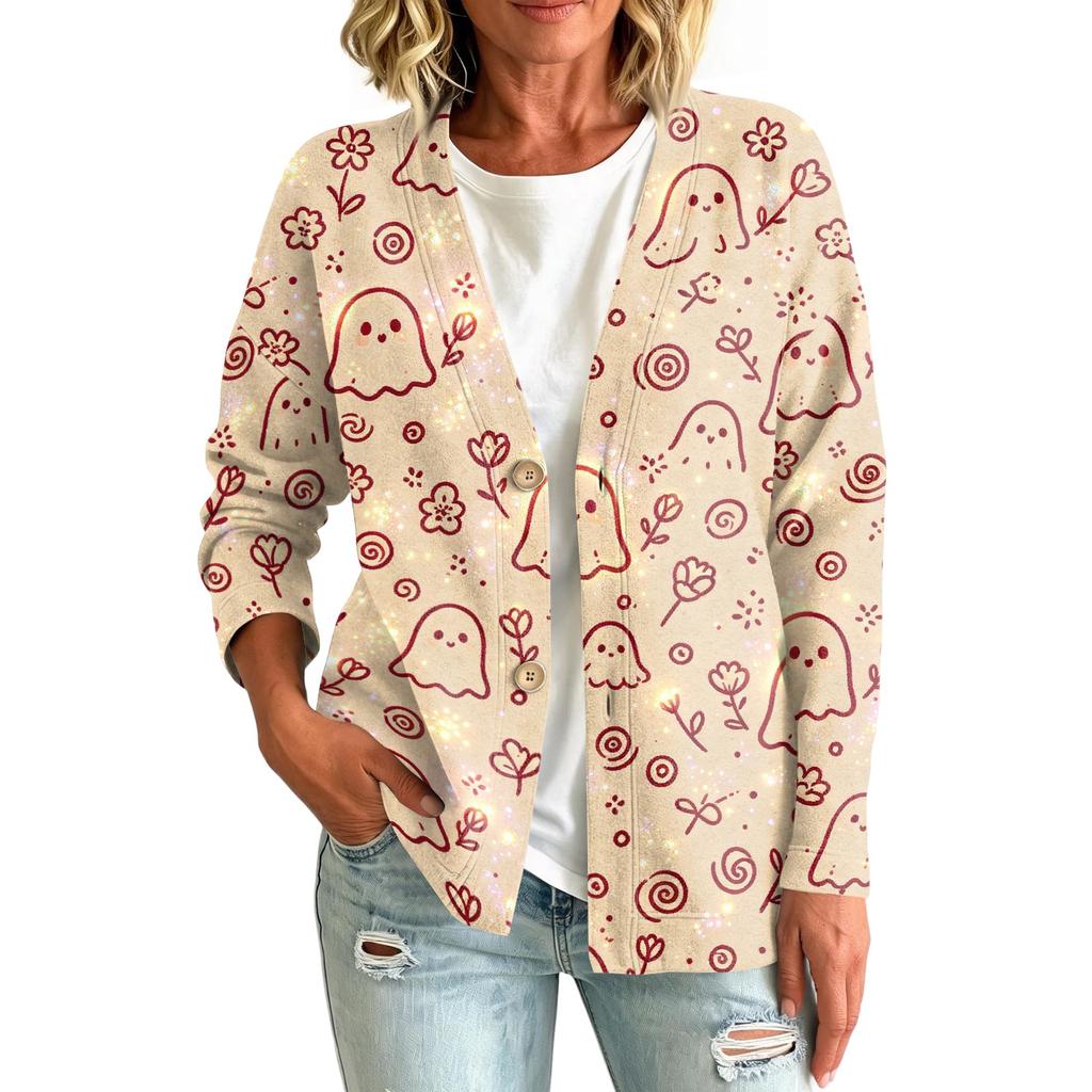 Women's Casual Long Sleeve Jacket with Halloween Print for Holiday