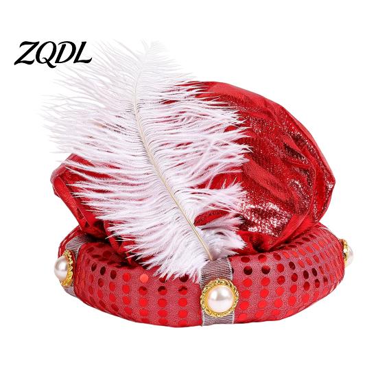 Lightweight Masquerade Costume Accessory Indian Sultan Hat, Shiny Sequins Feather Plume Cap, Novelty Arabian for Stage Shows Prince Hat Dress