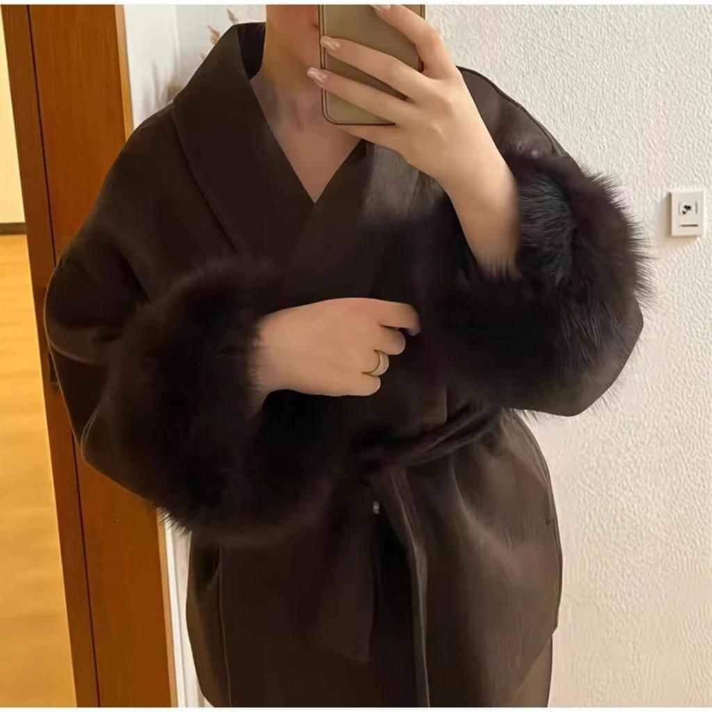VAYLA Chic Lapel Plush Coat With Belt Women Vintage Solid Faux Fur Sleeve Tweed Open Coats Female Autumn Casual Street Outwear