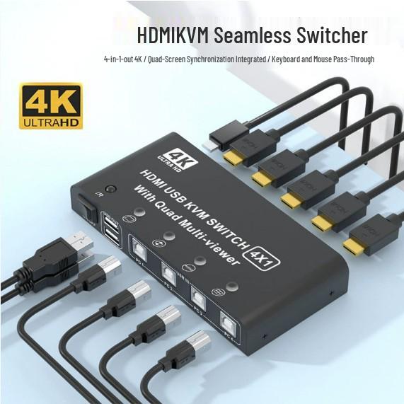 4K HDMI KVM Switch: Seamless 4-in-1 USB Keyboard/Mouse Synchronization