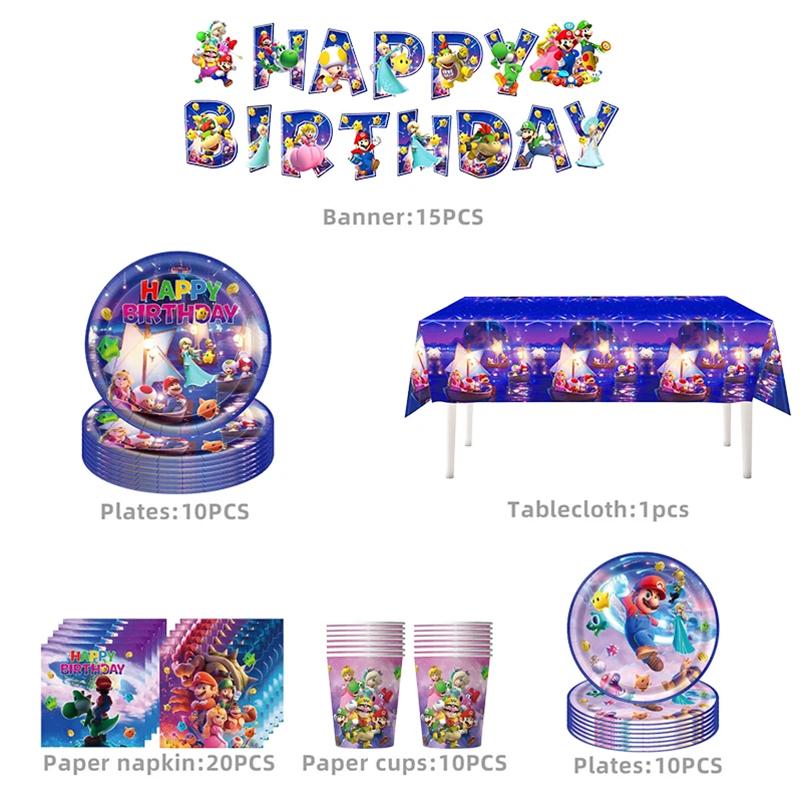 Anime Cartoon Mario Birthday Party Decoration, Super Mario Bros Disposable Tableware Tablecloth Banner Napkin Party Supplies