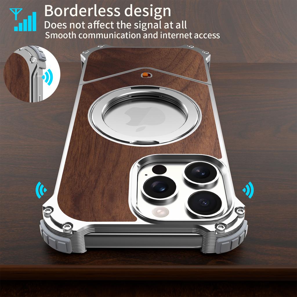 For iPhone 16 Pro Max Magnetic Case Wood + Metal Boardless Phone Back Cover with Ring Kickstand