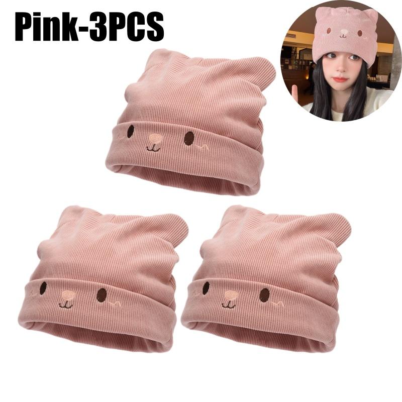 Damen Gemütliche Gestrickte Slouchy Mütze mit Entzückender Katzenohren-Stickerei Winter Warm Dehnbar Beanie für Damenmode