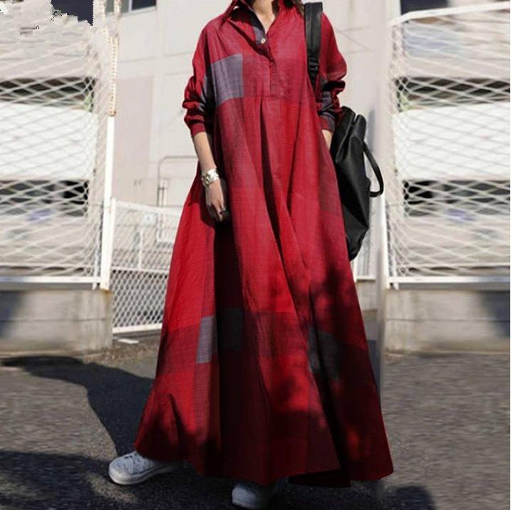 Spring Retro Ethnic Print Cotton Linen Maxi Dress - Long Sleeve, Loose Fit