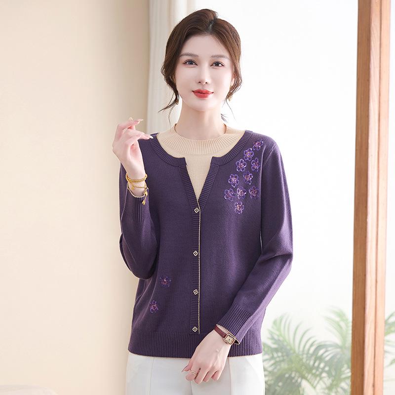 

Mom s Elegant Autumn Knit Sweater for Middle-Aged & Elderly Women: Chic Chinese Style Woolen Base Layer M (suggested 95-105 jin) фиолетовый