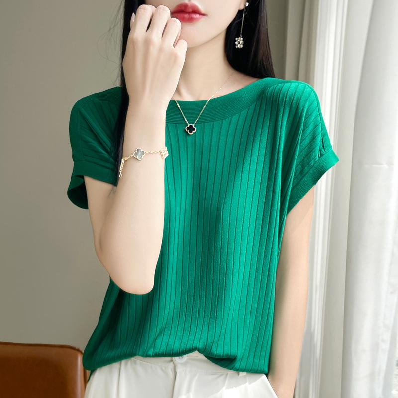 Fashion Slash Neck Women Sweater Ice Silk Spring Summer Women Loose Casual Shirts Short Sleeve Top