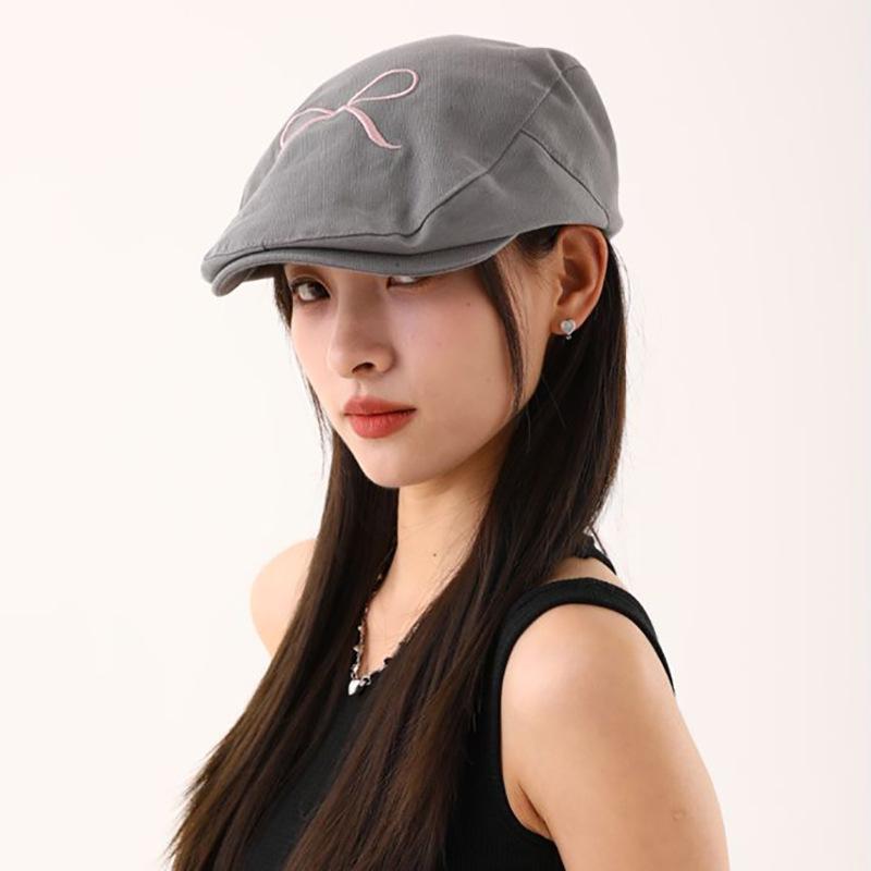 Bow Embroidery Forward Cap Women's Beret Peaked Cap Spring Summer Painter's Cap
