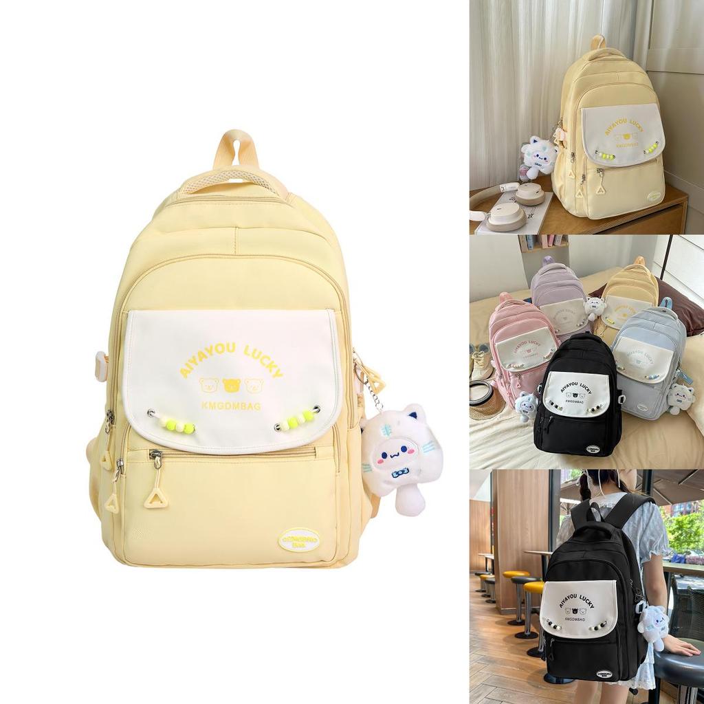 College Student Slim Nylon School Backpack With Letter Bear Print Bead Decoration For Women