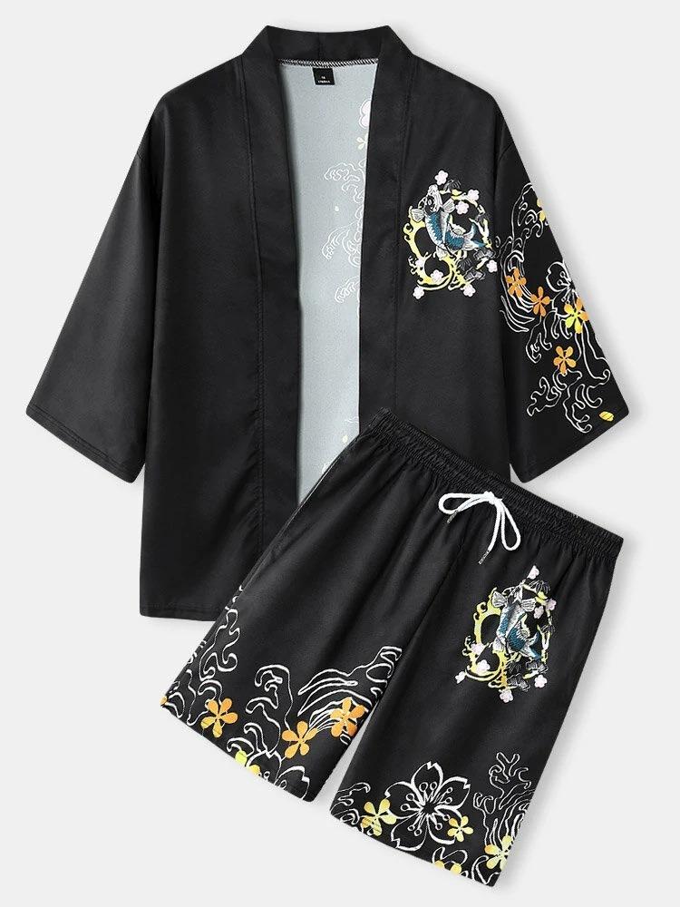 2026 New national style Hawaiian vacation ukiyo-e painted seven-quarter-sleeved Taoist robe 3D printed carp kimono cape