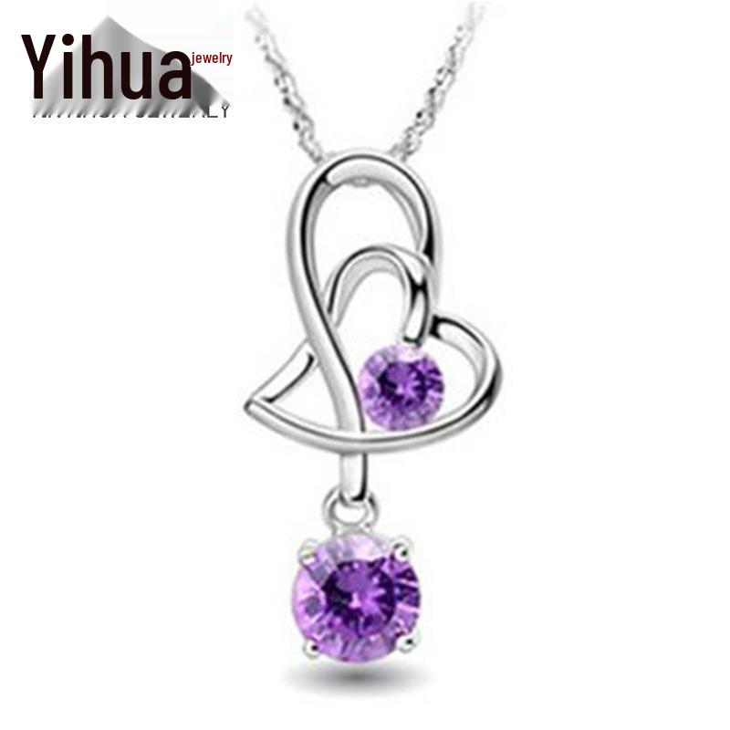 Korean Silver Double Heart Pendant Necklace