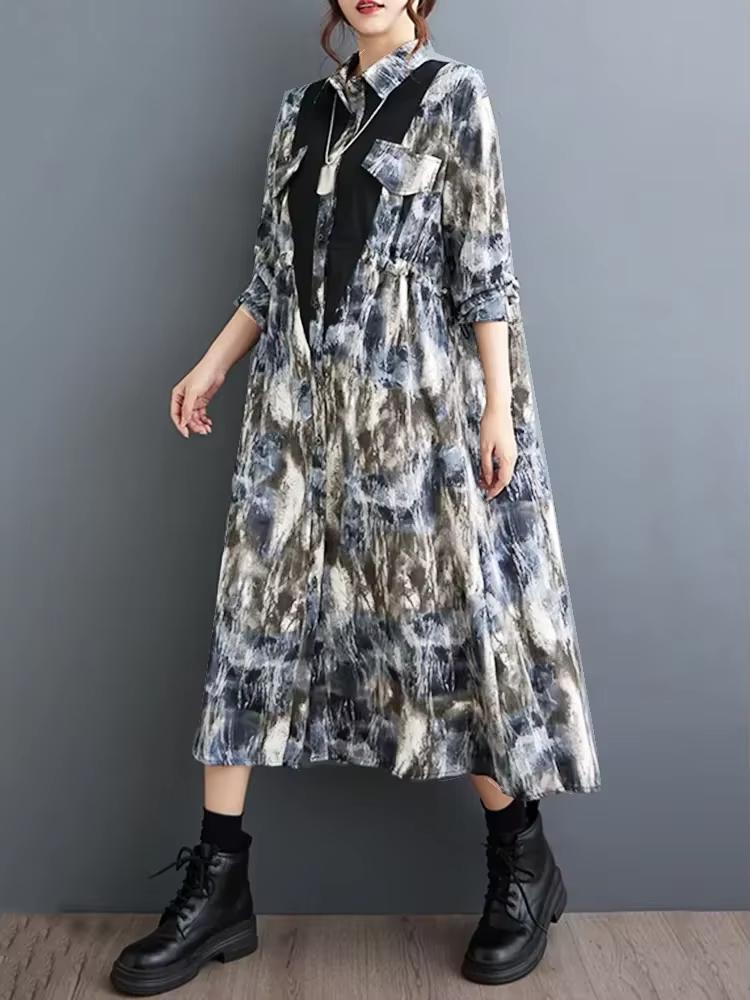Xitao Volný potisk Patchwork Košile Šaty Ležérní Jednořadové se stahovací šňůrkou Ženy Podzim Nová Jednoduchost Temperamentní šaty DMJ4175