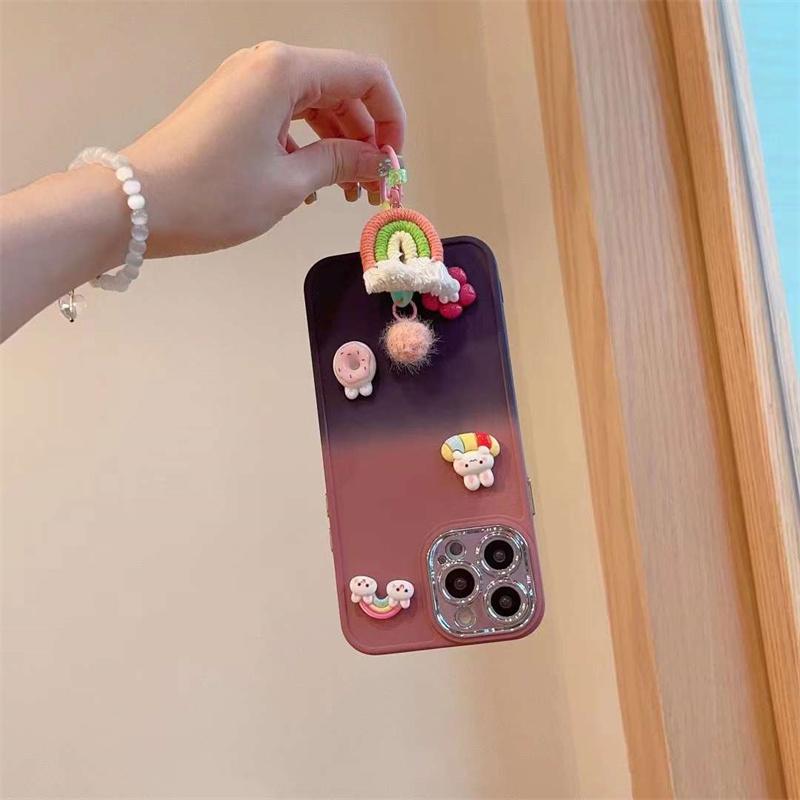 Fashion Cute Gradient 3D Rainbow Pendant Phone Case For iPhone 14 13 12 11 Pro Max X XS XR XS Max 8 7 Plus Soft Silicone Shockproof Cover