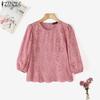 ZANZEA Womens Summer Casual 3/4 Sleeve Hollow Patchwork Embroidery Crochet Blouse