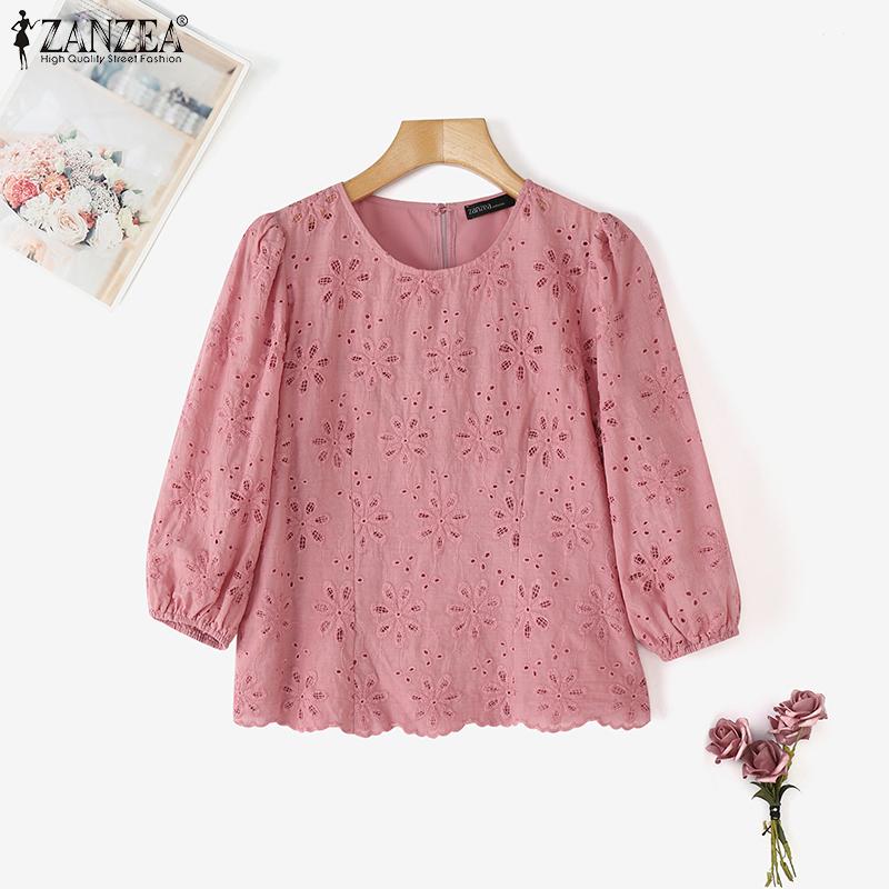 ZANZEA Womens Summer Casual 3/4 Sleeve Hollow Patchwork Embroidery Crochet Blouse