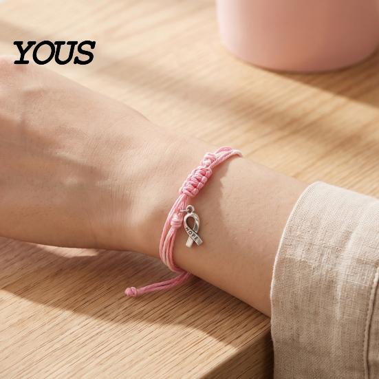 Heart Butterfly Alloy Pendants Breast Cancer Awareness Bracelet for Women, Adjustable Woven String with Simple Style Braided Jewelry Ribbon