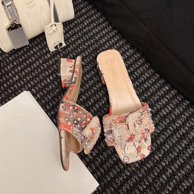 Mode Hausschuhe für Damen 2025 Neue Sommer Strass Dicke Ferse Sandalen für Damen Mode Flacher Boden für Damen Draußen Sandalen