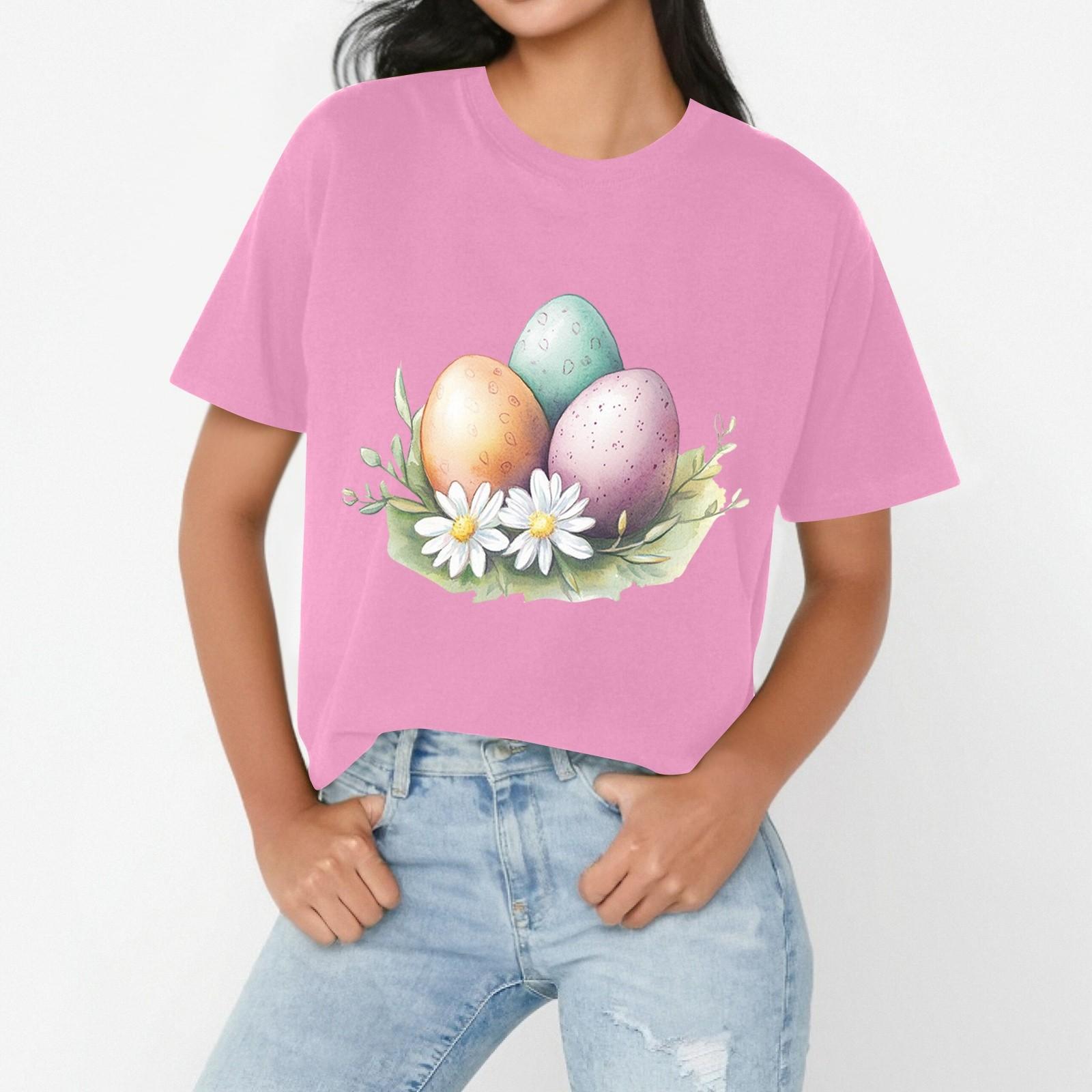 

Женская повседневная свободная футболка с пасхальным принтом, круглый вырез, пуловер, короткий рукав, топ S розовый