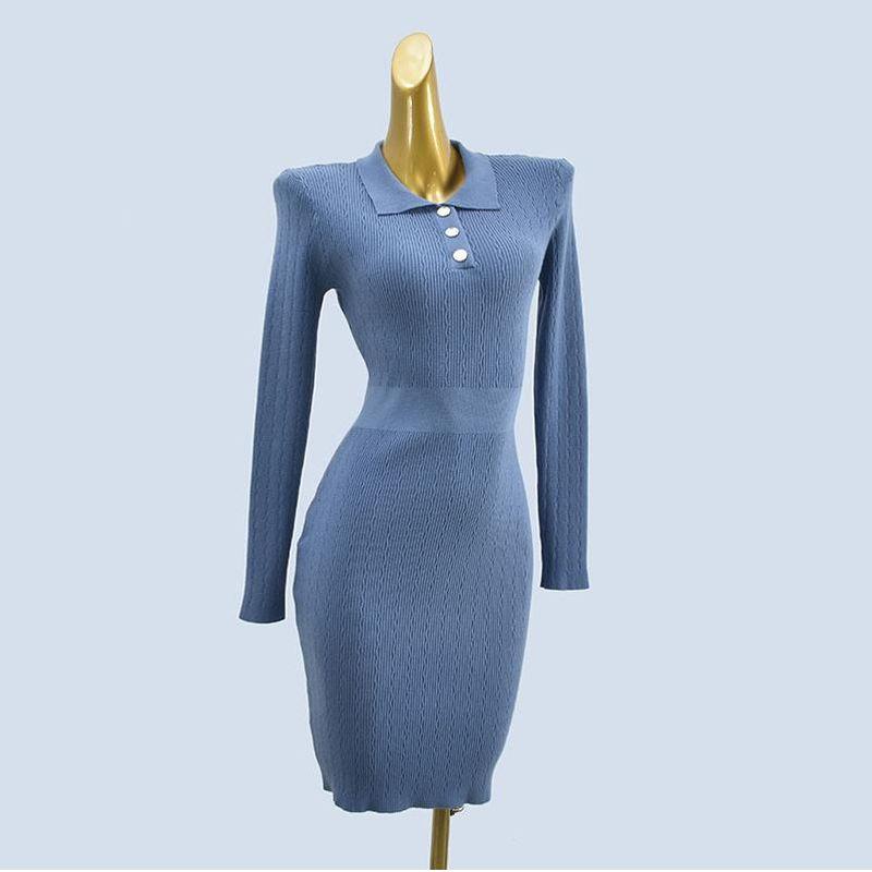 Korean Style New Autumn and Winter Polo Collar Sweater Skirt Silm Mid Length Long Length Knitting Base Dress Women