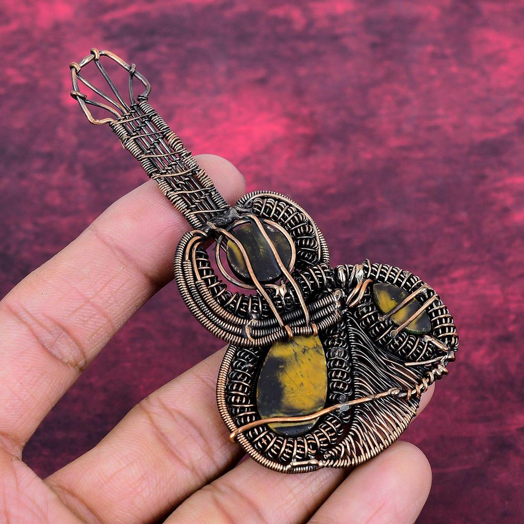 Tiger's Eye Gemstone Pendant Copper Wire Wrapped Jewelry Handmade Guitar Pendant